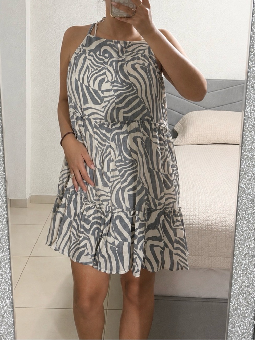 Nanette Lepore Zebra-Print Tiered Mini Dress in Gray and White NWT